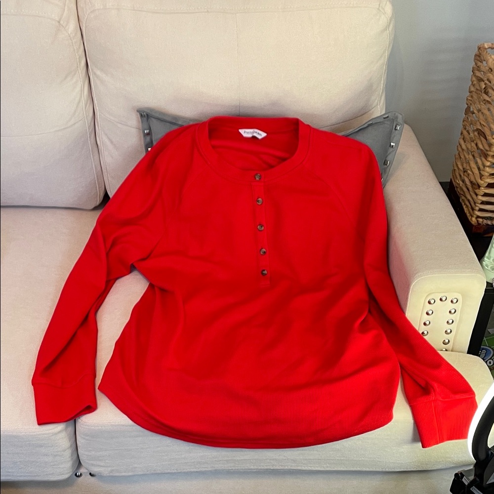 Women’s Red Waffle Weave Long Sleeve Henley Shirt